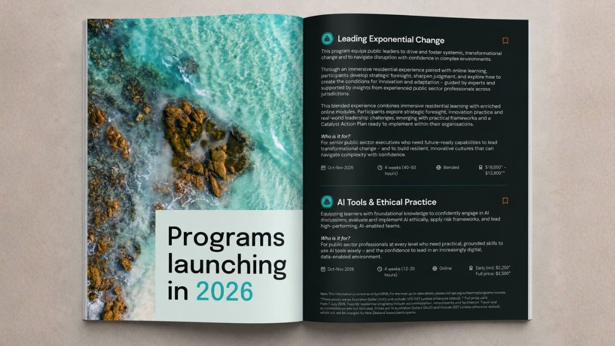 Printed ANZSOG programs brochure open to a spread listing 2026 executive education programs.