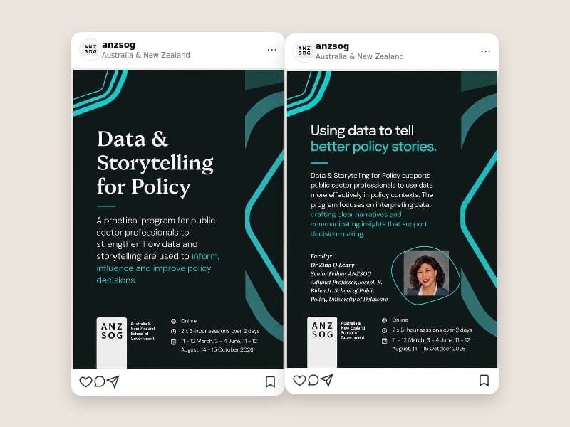 Two ANZSOG Instagram posts promoting the Data and Storytelling for Policy program.