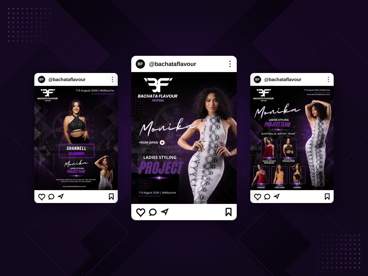 Three Bachata Flavour Festival artist announcement tiles shown as Instagram posts.