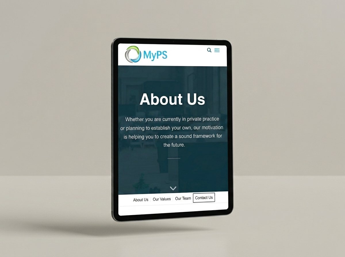 The My Practice Services About Us page shown on a tablet held upright.