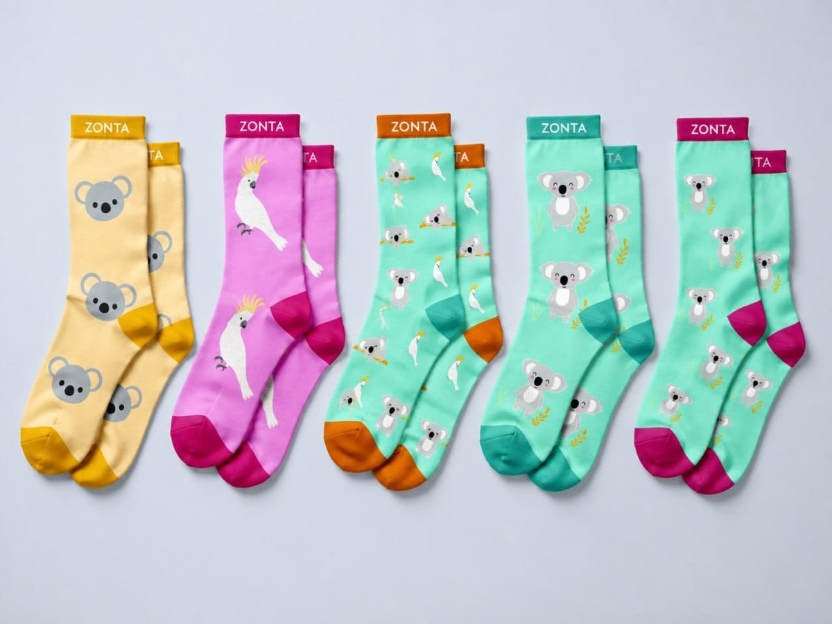 Five pairs of Zonta-branded socks in koala and cockatoo patterns, laid out in a row.
